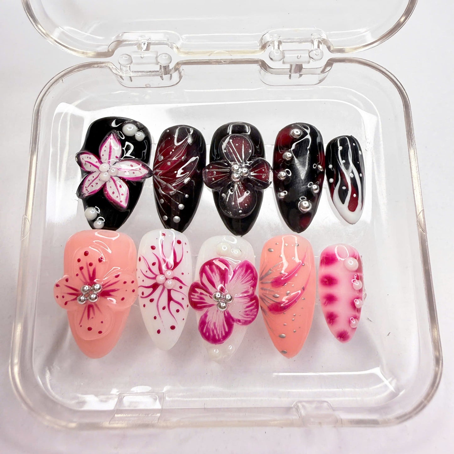 Black and Pink 3D Flower Press-On nails